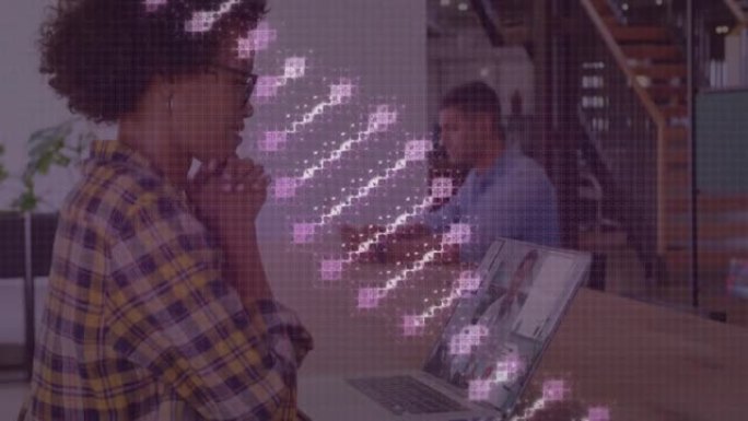 在笔记本电脑视频通话中，dna链在女人身上旋转的动画