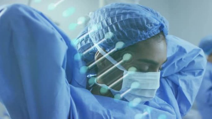 手术过程中使用口罩在不同医生上的dna链动画