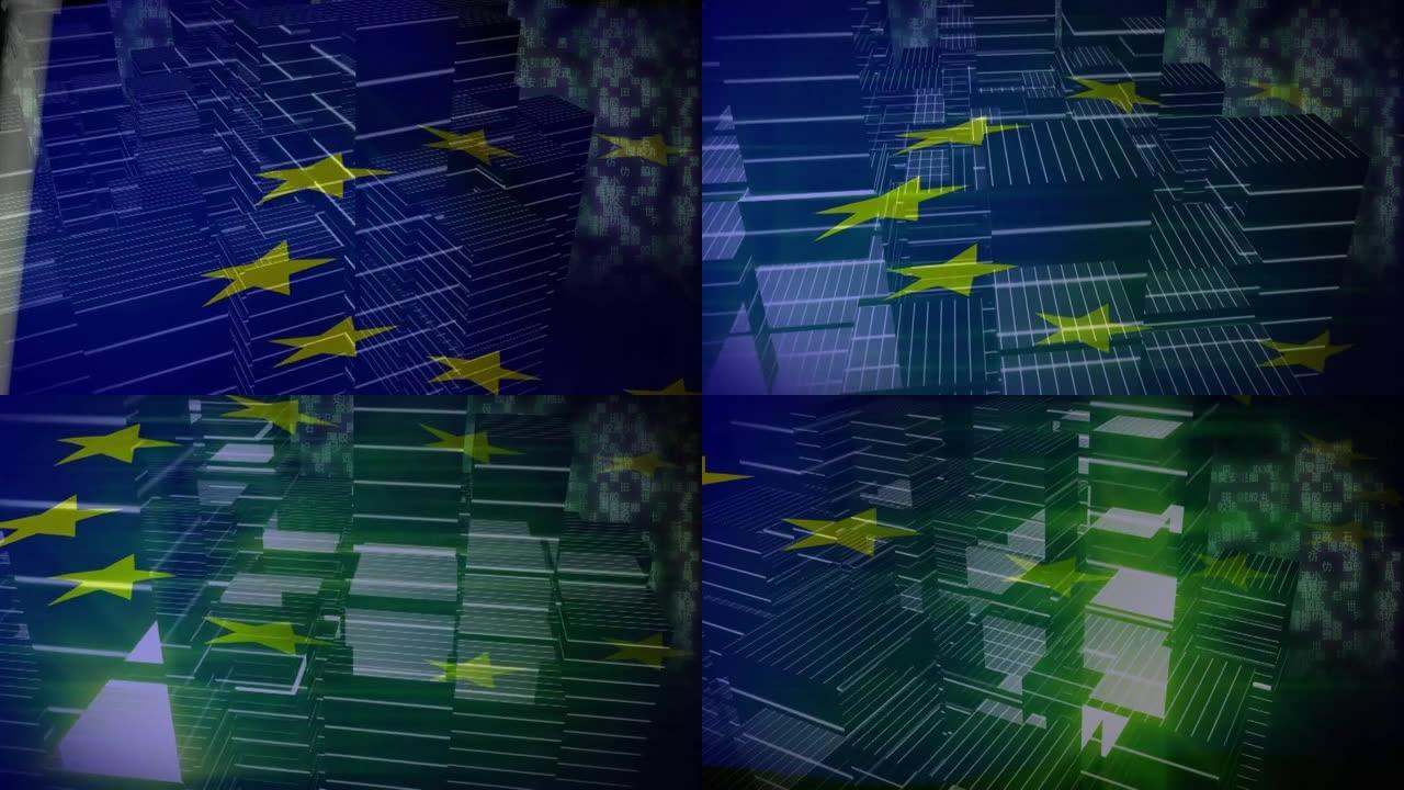 欧盟旗帜在高层建筑旋转模型上的动画