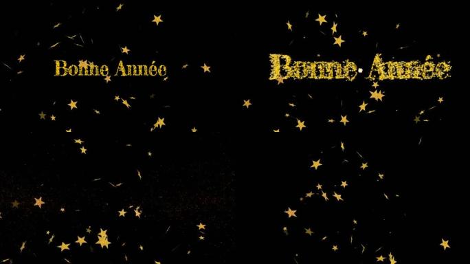 金色的bonne annee动画，金色的星星落在夜空中