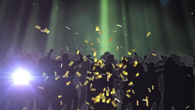 金色五彩纸屑的动画随着移动的灯光和绿色聚光灯掉落在跳舞的人群中