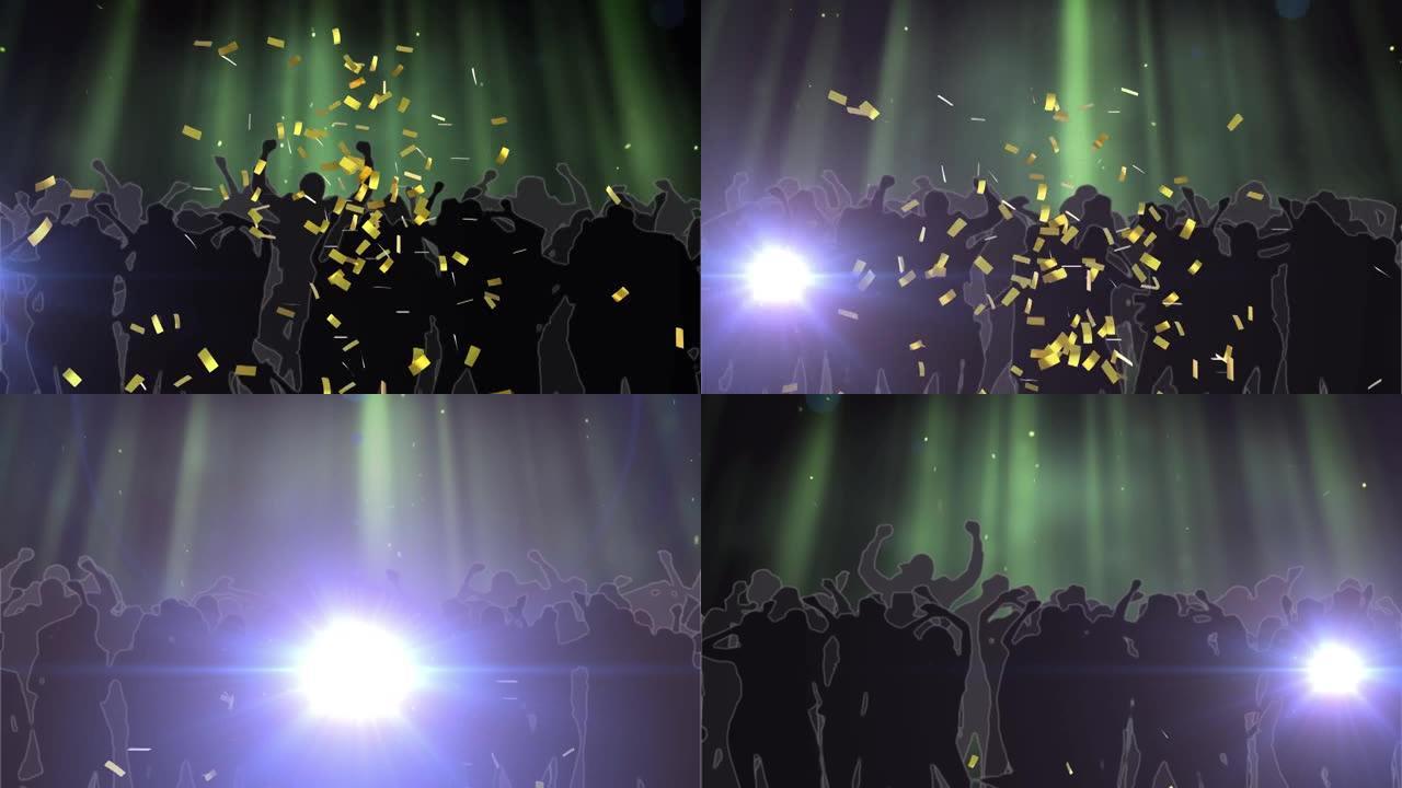 金色五彩纸屑的动画随着移动的灯光和绿色聚光灯掉落在跳舞的人群中