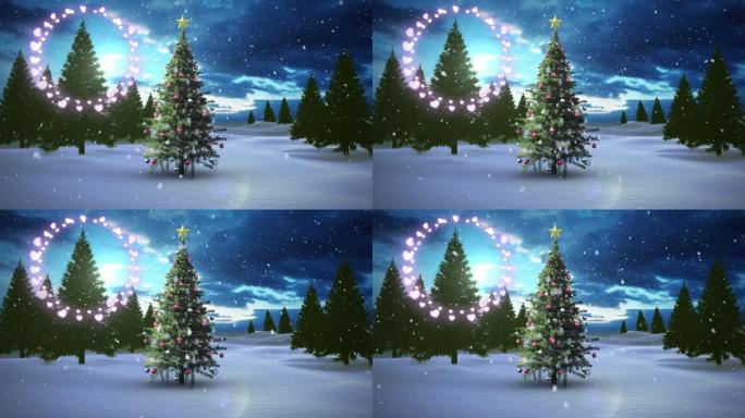冬季景观上飘落在圣诞树上的雪花上的装饰性闪亮灯光