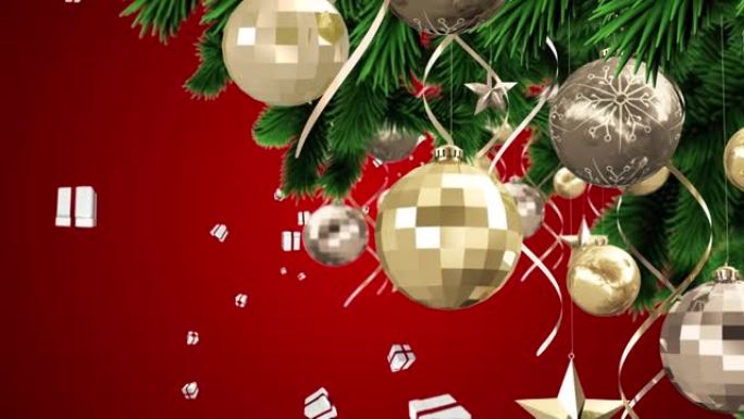 圣诞装饰品挂在圣诞树上，礼物图标漂浮在红色背景下