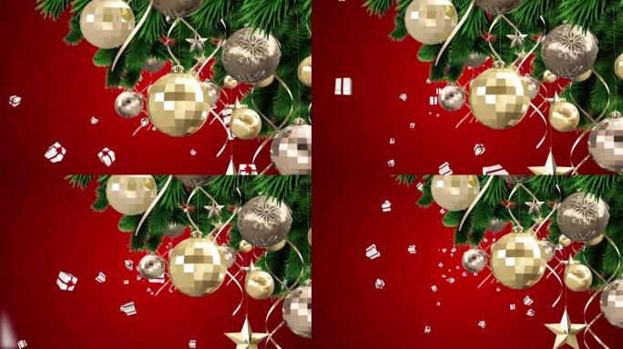 圣诞装饰品挂在圣诞树上，礼物图标漂浮在红色背景下