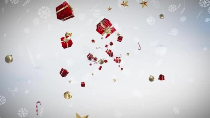 雪花落在圣诞糖果手杖上，摆设和礼物图标漂浮在灰色背景上