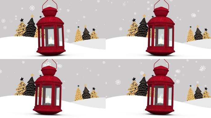 冬季景观上飘雪和圣诞树上的灯笼动画