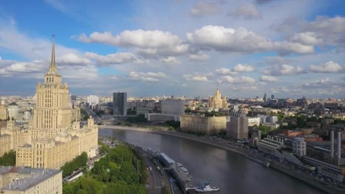 俄罗斯晴天莫斯科市河湾著名建筑空中全景4k