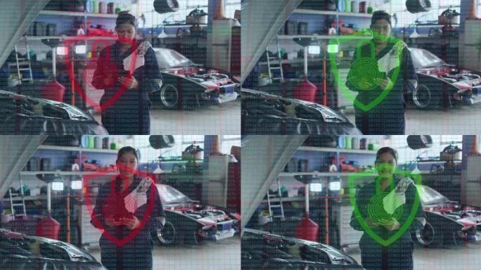 车库用平板电脑在混血儿女汽车机械师身上挂锁和盾牌图标的动画