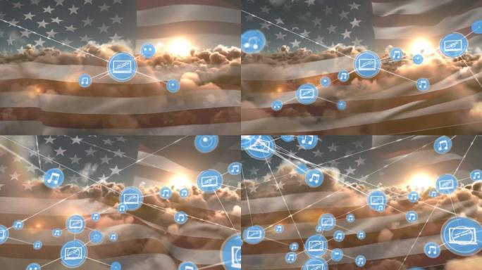 美国国旗和多云天空上的连接和图标网络动画