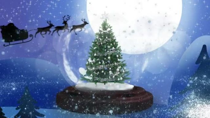 雪球上的圣诞树上的流星在雪橇上的圣诞老人上被驯鹿拉着