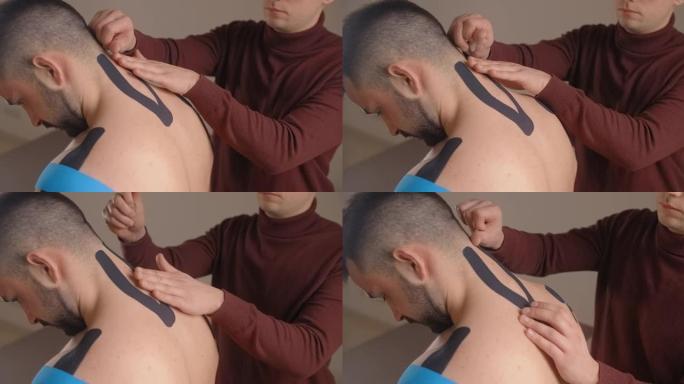 运动学家将胶带粘在患者的脖子上，运动员受伤后康复，骨软骨病的运动，4k 60p Prores HQ 