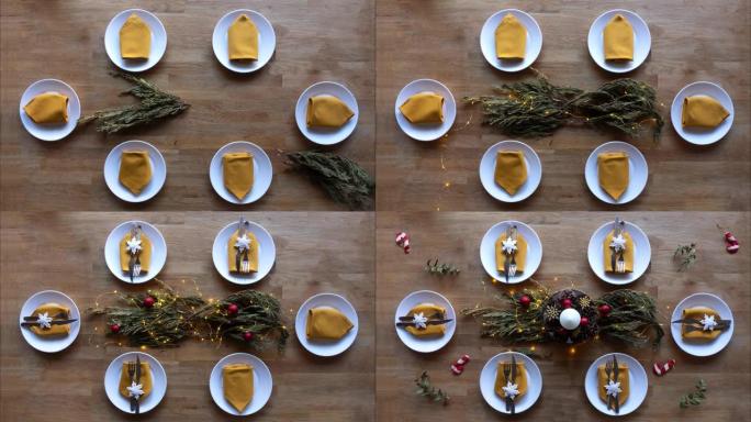 平面动画: 为六个食客设置带有陶器，餐具和精美装饰品的圣诞节餐桌。12月，1月