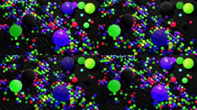 4k抽象循环背景，球形如灯泡或抽象花环。球或球体躺在台阶上。颜色和光线的波浪在台阶上滚动，形成美丽的