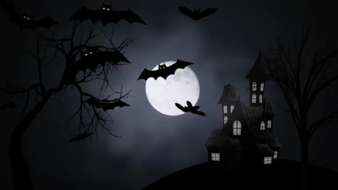 万圣节明亮的满月，飞行的蝙蝠和古老的城堡轮廓。满月背景下的飞行蝙蝠和黑暗夜晚的恐怖房屋