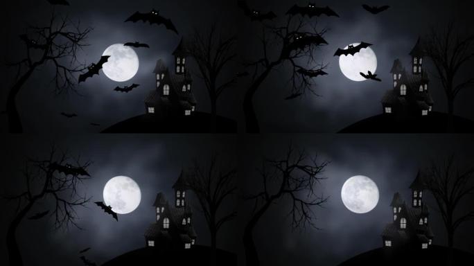万圣节明亮的满月，飞行的蝙蝠和古老的城堡轮廓。满月背景下的飞行蝙蝠和黑暗夜晚的恐怖房屋