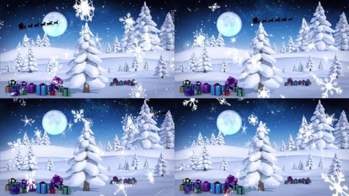 雪花落在多棵树上，并在夜空的冬季景观上送给圣诞节礼物