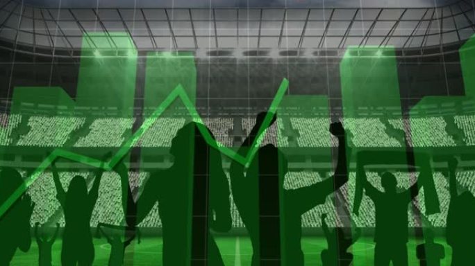 体育馆欢呼的球迷的绿色图形动画和数据处理