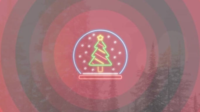 霓虹圣诞树的动画在冬季的风景与树木和红色的圆圈