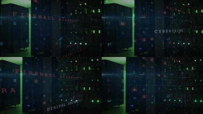 计算机服务器绿灯上的数据处理和在线网络攻击警告动画