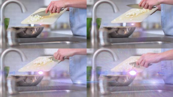 厨房用刀和砧板烹饪男子中段的灯光动画