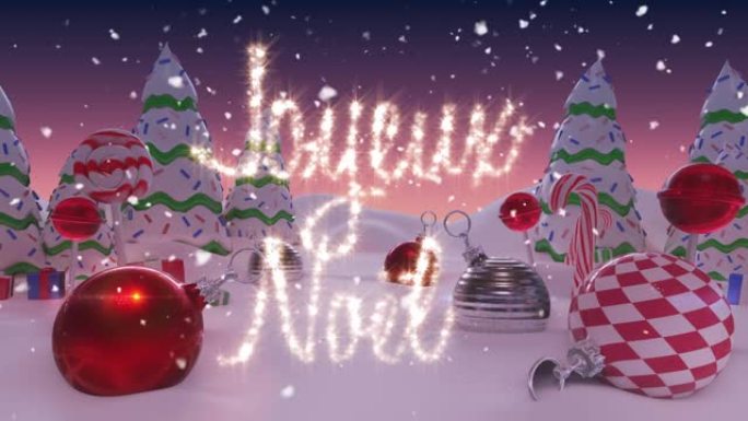 Joyeux noel文字和雪落在冬季景观上的圣诞装饰品和树木上