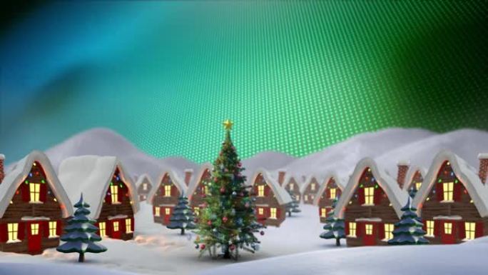 彩色背景上装饰房屋和圣诞树的冬季风景动画