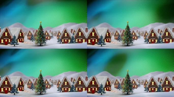 彩色背景上装饰房屋和圣诞树的冬季风景动画