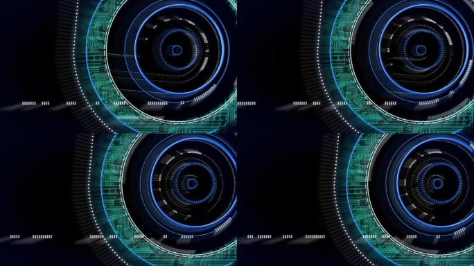 黑色背景上的霓虹灯圆形扫描仪上的微处理器连接的数字动画