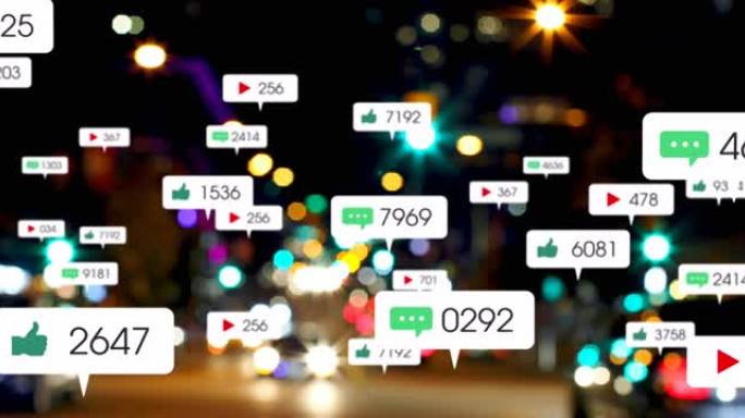 道路交通和城市景观上的社交媒体图标和数字的动画