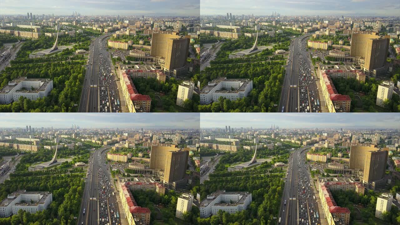 俄罗斯日时间莫斯科著名的vdnh城市景观酒店交通前景空中全景4k