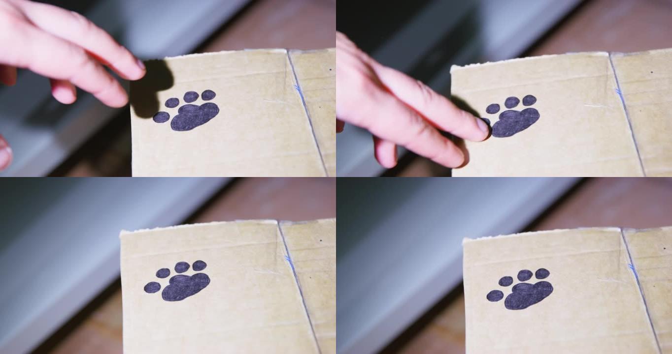 人们在黑暗中发现了一个纸板箱，其表面涂有狗爪的脚印，用手电筒突出显示，特写。人小心地用手指触摸脚印