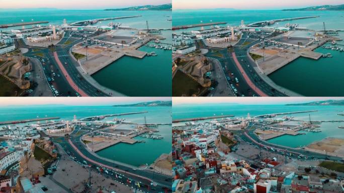 丹吉尔的无人驾驶飞机拍摄。直布罗陀海峡上的摩洛哥港口