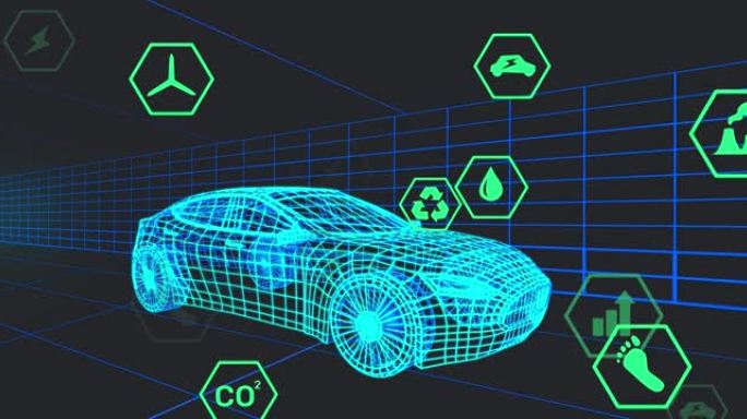 在黑色背景上移动的3d汽车模型上处理状态数据的图标动画