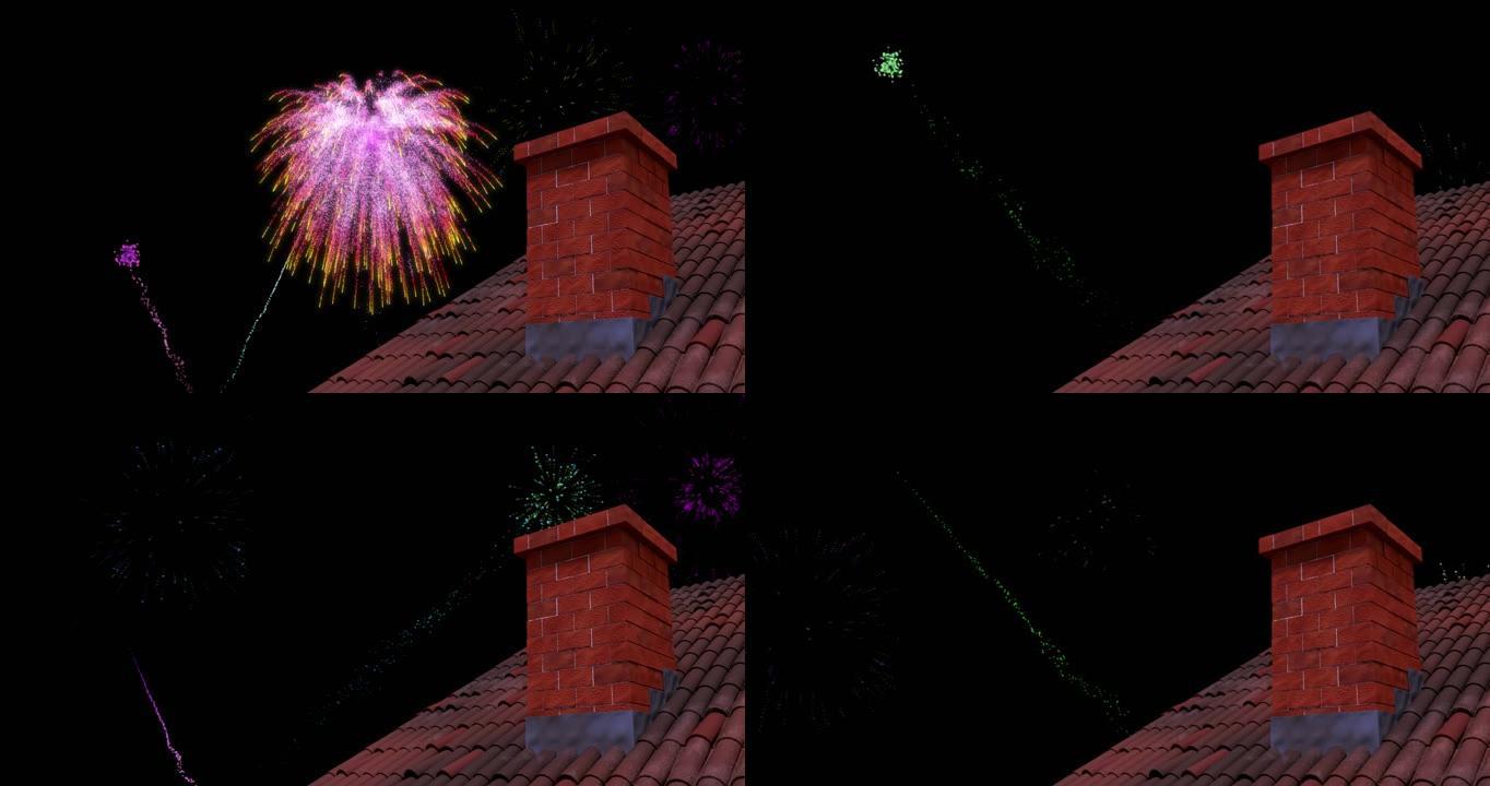 屋顶和烟囱的动画，五颜六色的圣诞节和新年烟花在夜空中爆炸