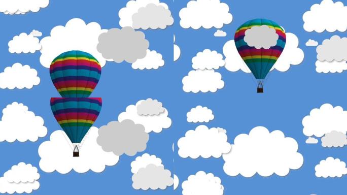 蓝底云上的篮子飞行气球动画