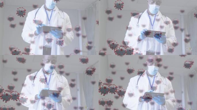 使用平板电脑在男性医生戴口罩上的covid 19细胞动画