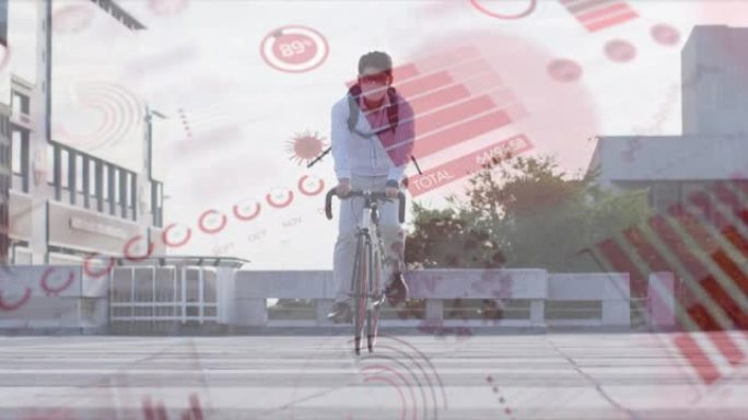 covid 19细胞的动画和戴口罩的妇女在城市医生骑自行车的数据