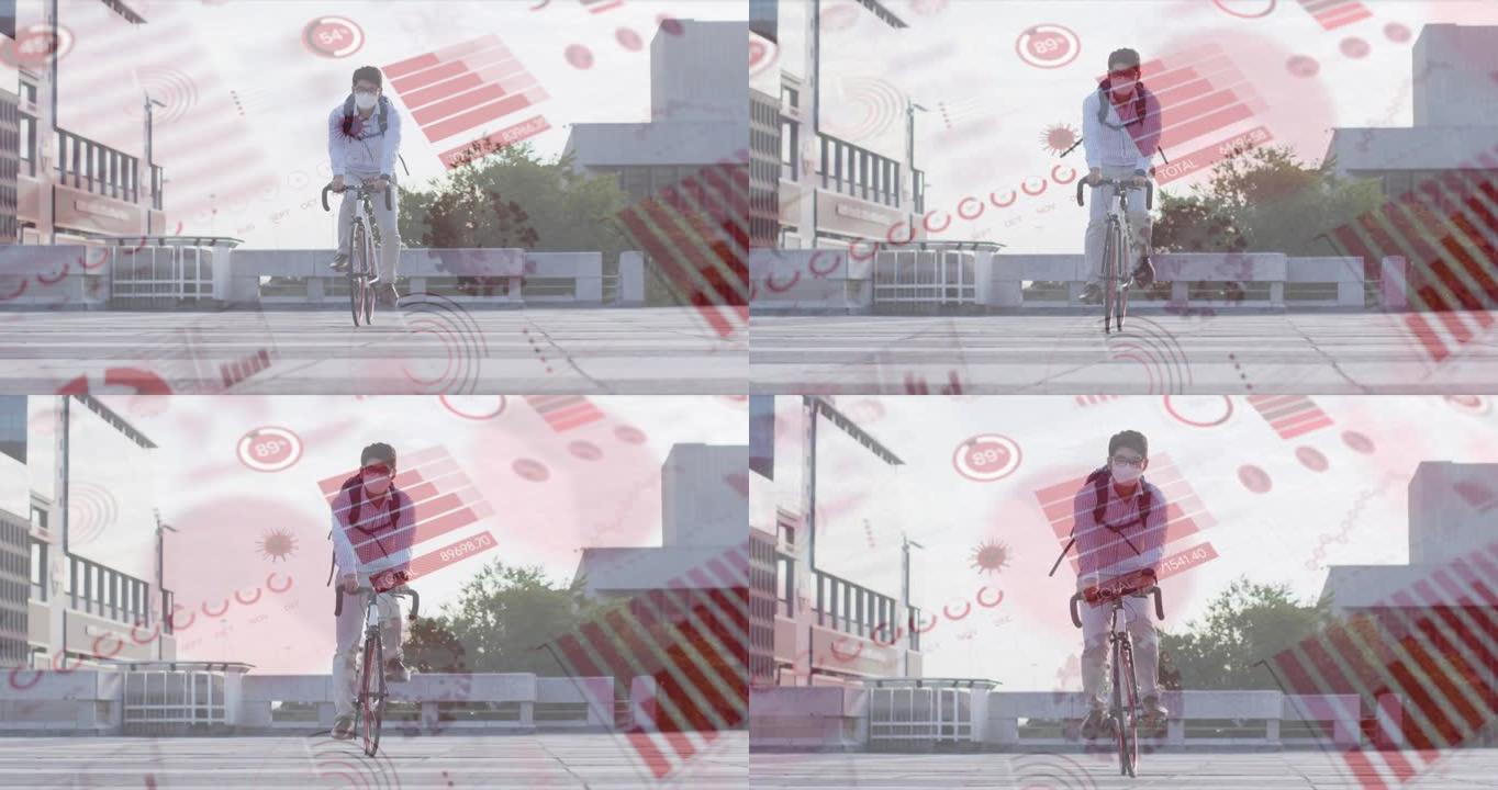 covid 19细胞的动画和戴口罩的妇女在城市医生骑自行车的数据