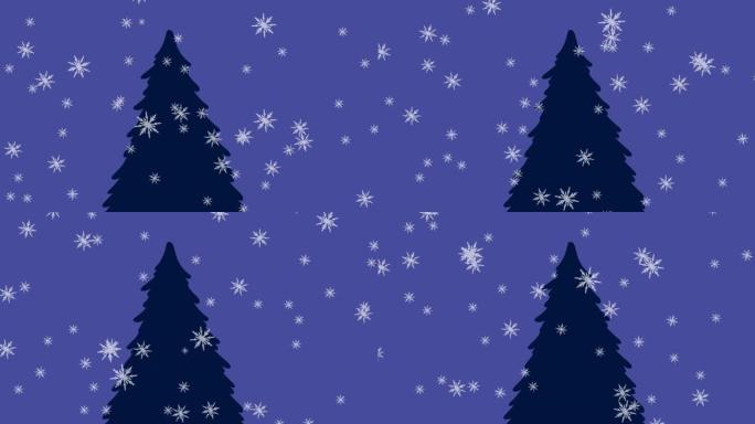 紫色背景下的雪花落在圣诞树上的动画