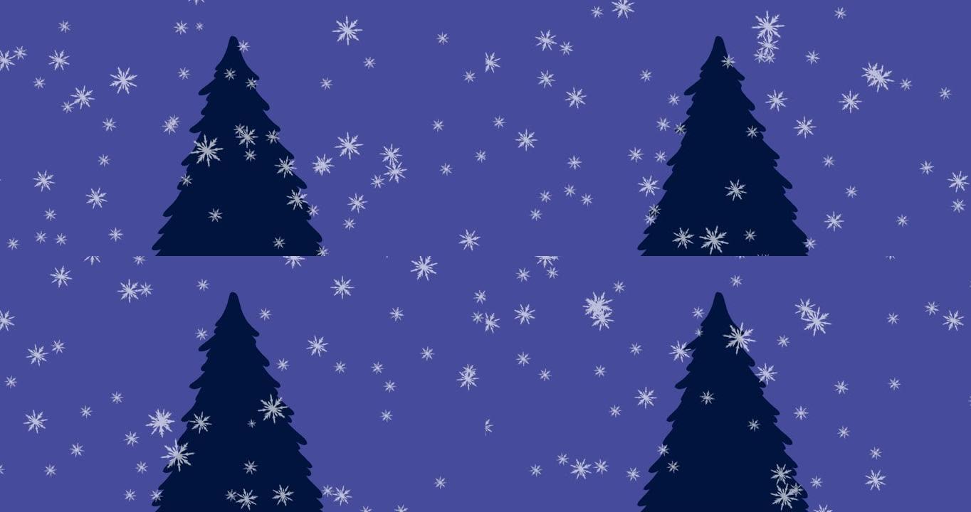 紫色背景下的雪花落在圣诞树上的动画