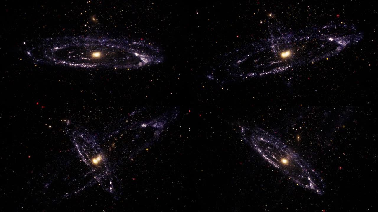 无缝循环太空旅行探索星云天空到螺旋星系。4K 3D渲染太空探索之旅飞越星域，到达美丽的螺旋星系背景。
