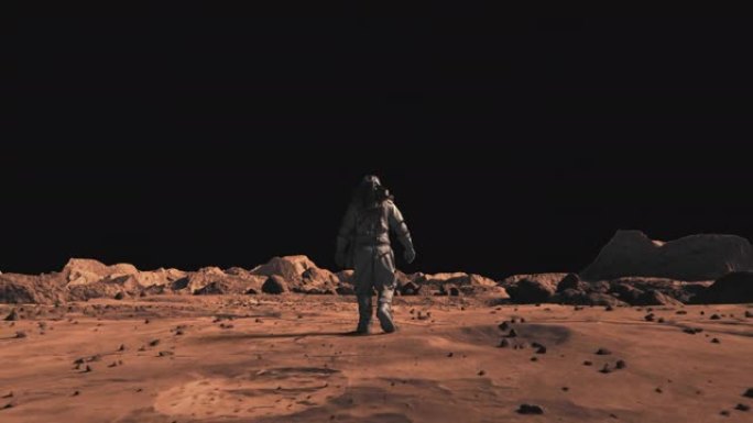 勇敢的宇航员穿着太空服自信地与阿尔法通道一起在火星表面行走。火星表面，散布着小岩石和红色沙子。生锈的