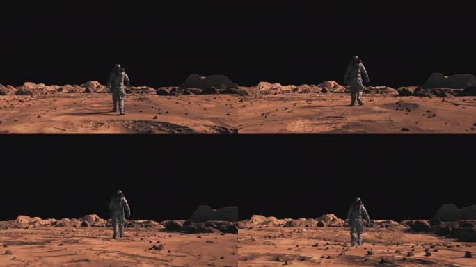 勇敢的宇航员穿着太空服自信地与阿尔法通道一起在火星表面行走。火星表面，散布着小岩石和红色沙子。生锈的