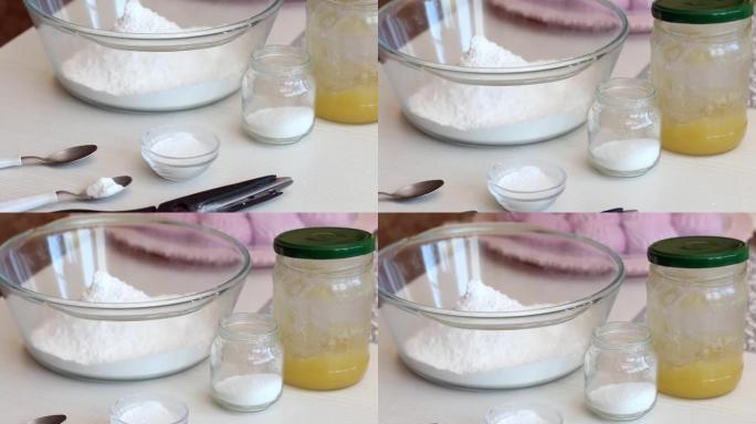 制作糖果乳香的原料。放在桌子上。特写。