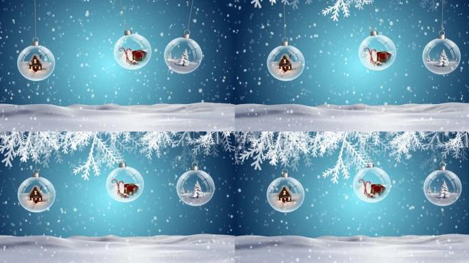冷杉树和小玩意的动画落在冬天的雪地上