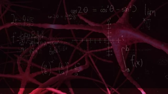 黑色板上数学方程式上的神经连接动画
