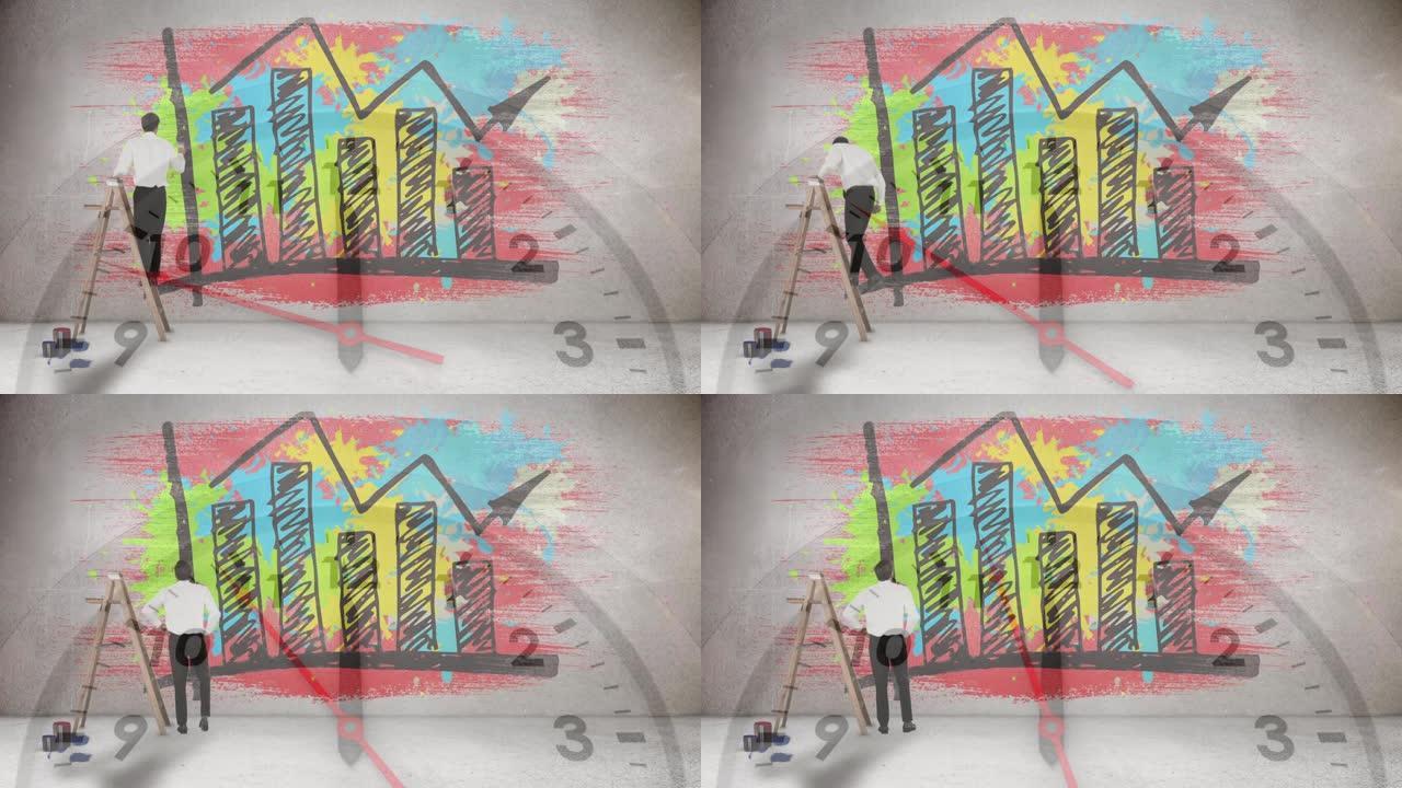 梯子和秒表上的商人的统计和图标动画