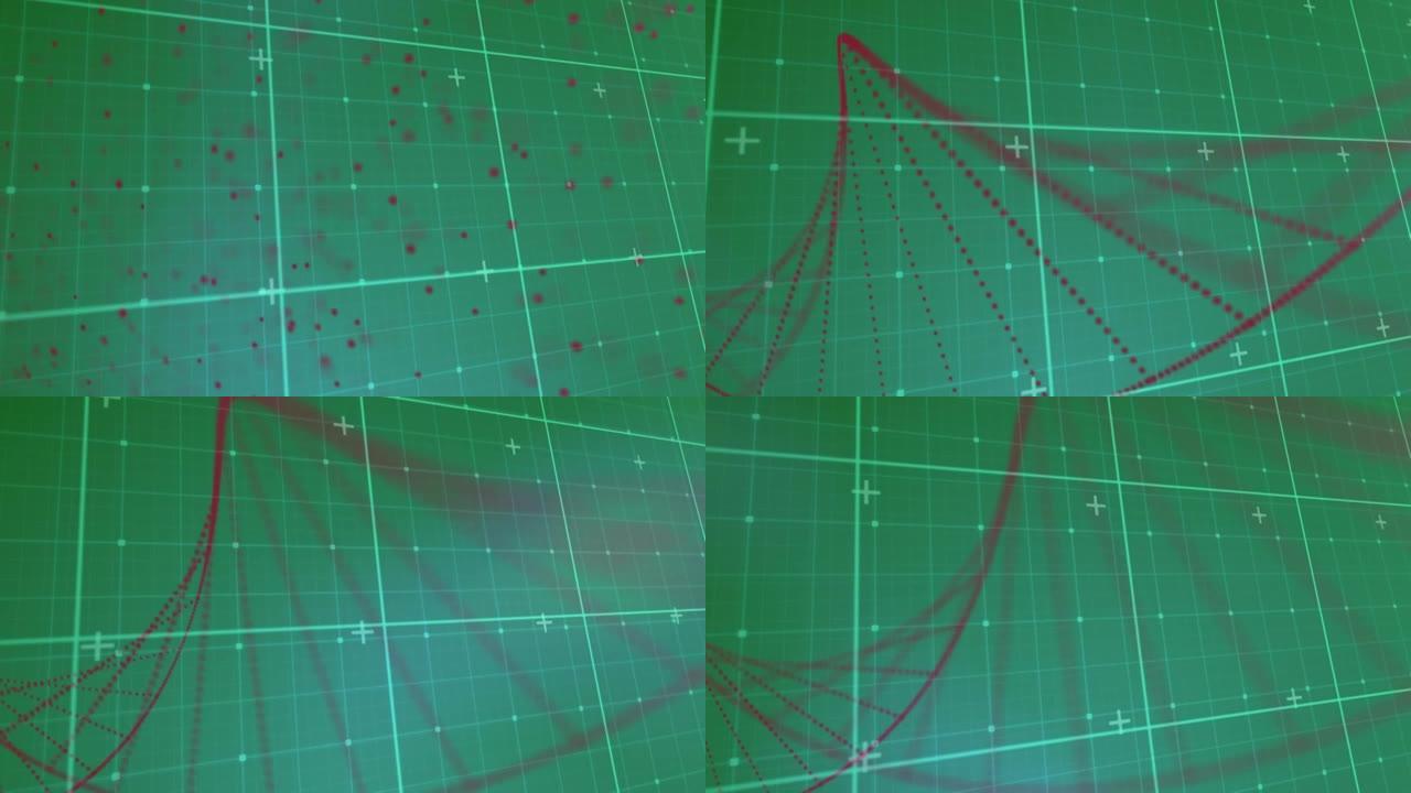 形成螺旋的红色粒子在绿色网格上旋转的动画