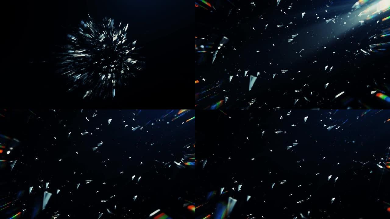 碎玻璃破碎并向外爆炸的3D动画